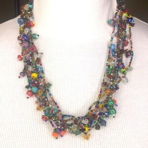 Artisanal Multi-layer seed bead glass stone chip necklace 7 strands multi-color